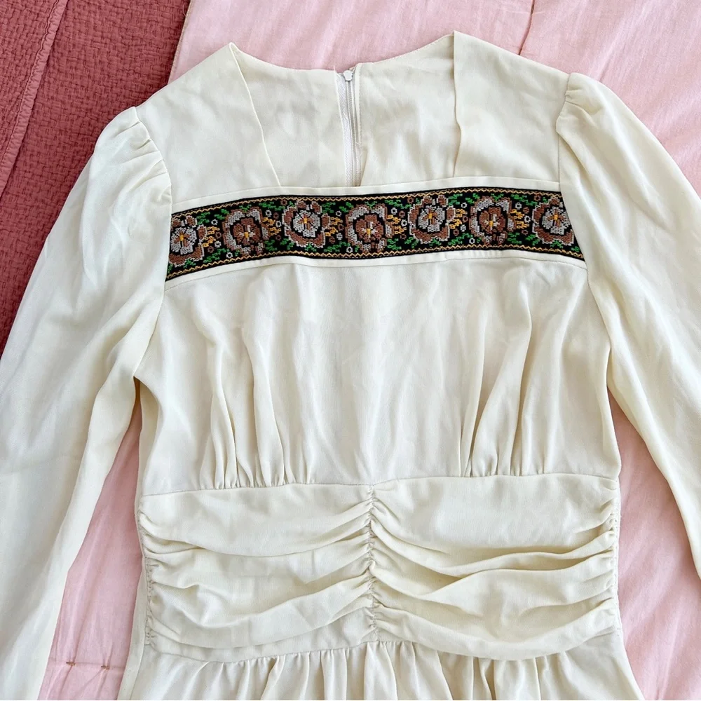 70s Vtg Handmade Embroidered Square Neck Boho Peasant Top Small Womens